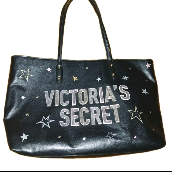 Victoria's Secret - Black, Colorful Stars Pattern Faux Leather Tote Bag. NWOT - Picture 1 of 6
